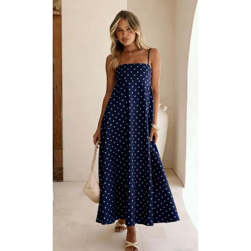 European And American 2026 Off-Shoulder Beach Dress Amazon New Sleeveless Suspender Polka Dot Long Skirt Casual Dress