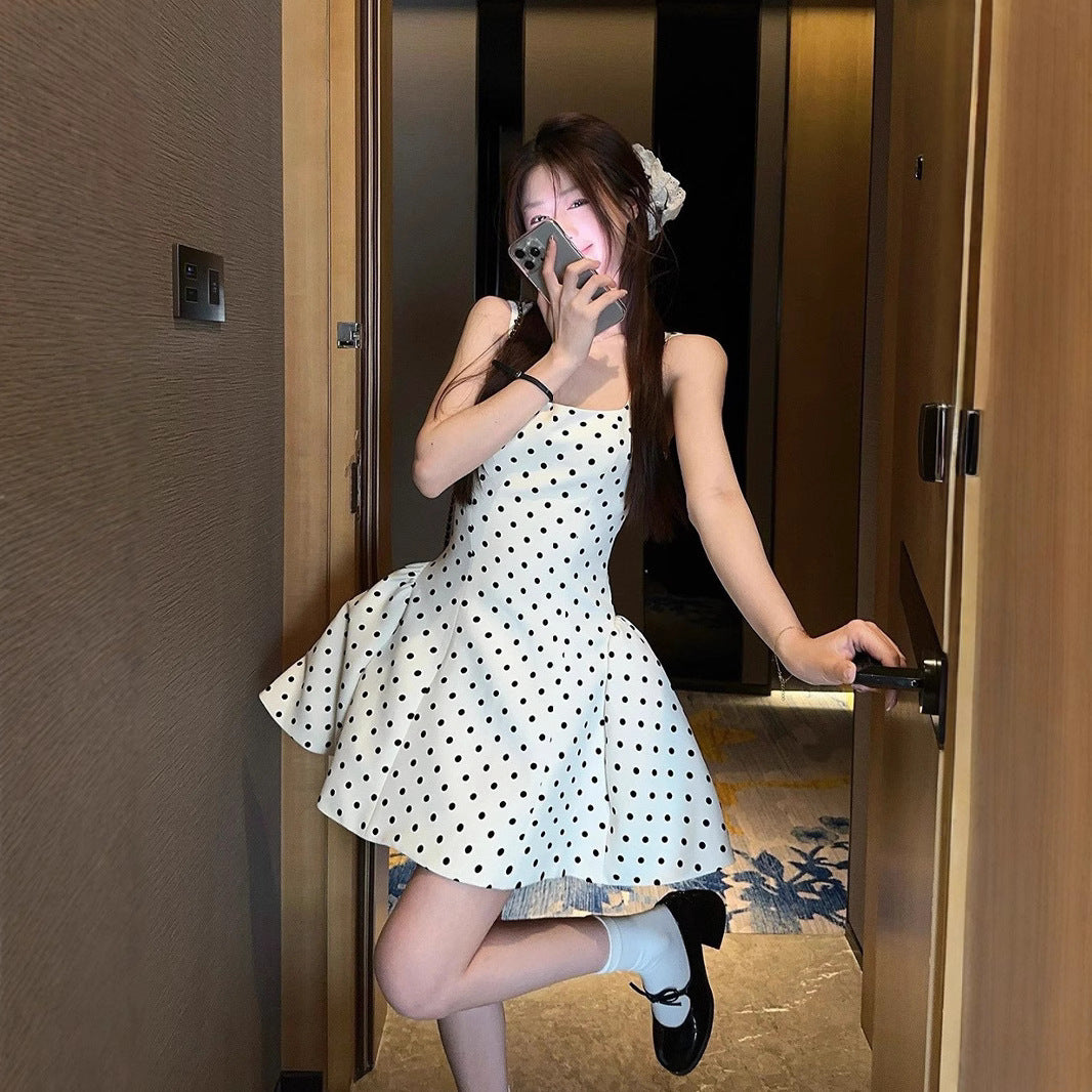 Polka-Dot Strap Dress For Women 2026 Spring High-End Sweet And Spicy Backless Waist Slimming Fluffy Suspender Skirt Trendy